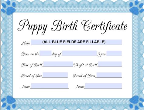 instant fillable printable  puppy birth certificate blue male