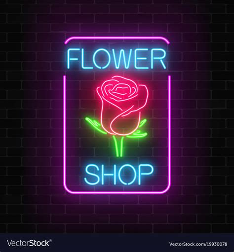 glowing neon sign of flower shop in rectangle vector image