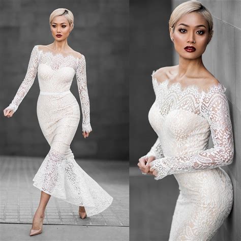 Sexy Women Off Shoulder Lace Long Sleeve White Dress Evening Party