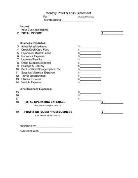 profit  loss statement  fill  printable fillable blank