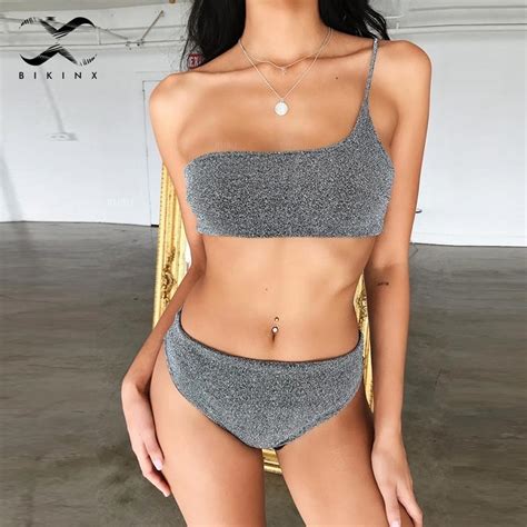bikinx shiny one shoulder bikini 2019 push up bandeau swimwear women