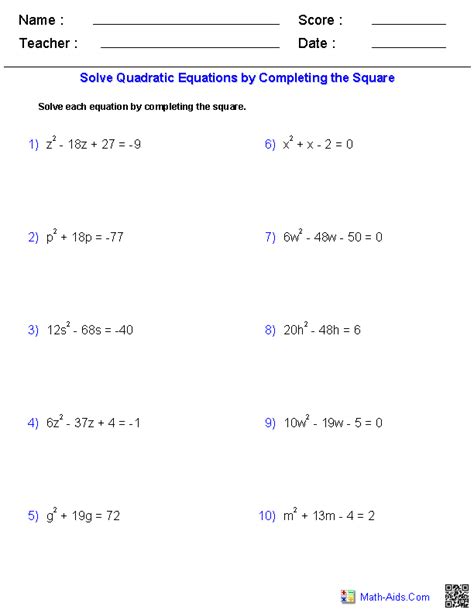 algebra  worksheets quadratic functions worksheets