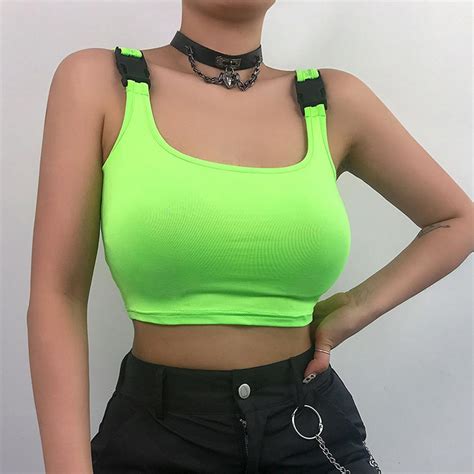 zhdaor fashion neon green buckle rave festival crop tops sleeveless