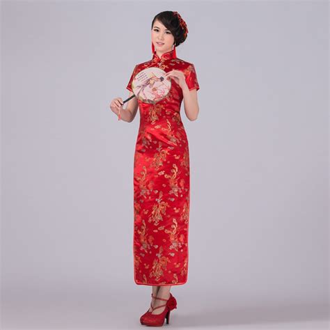 red chinese traditional dress women satin qipao dragon phenix long