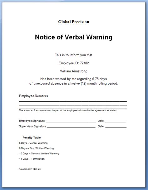employee attendance warning letter sample calendar template
