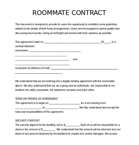 sample roommate agreement template business