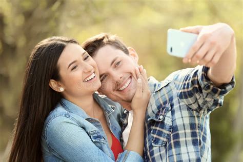 Young Lovely Couple Taking Selfie Outdoors Stock Image Image Of