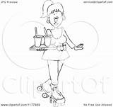 Waitress Clipart Tray Roller Skating Carhop Outlined Drinks Royalty Djart Cartoon Vector Illustration sketch template