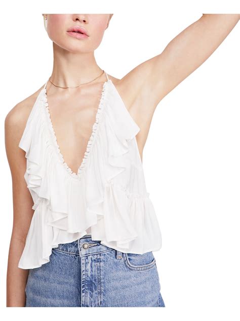 free people womens white ruffled sleeveless v neck tank top size l ebay