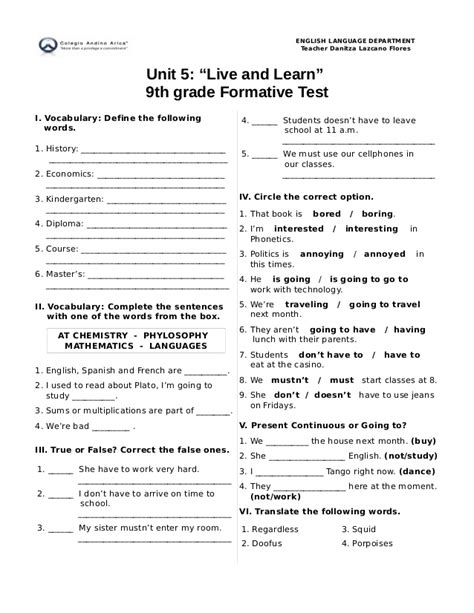 5 live and learn formative test