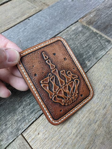 hand tooled leather front pocket wallet  middle finger design slim wallet mens leather wallet