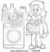 Laundry Clipart Doing Basket Woman Lineart Cartoon Illustration Royalty Vector Happy Folded Visekart Items sketch template