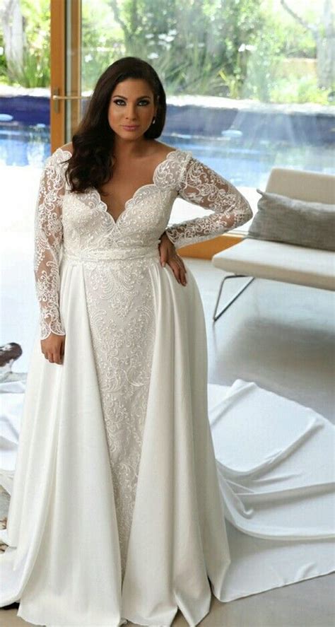 stunning plus size lace mermaid wedding gown with long