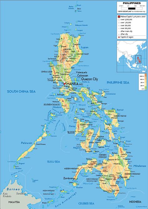 large size physical map   philippines worldometer