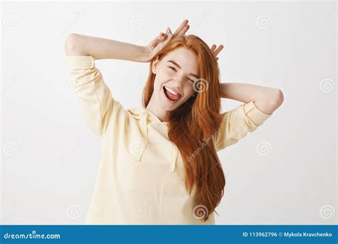 Playful Redhead Girl Feeling Overjoy Attend Awesome Concert Raise