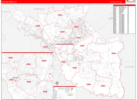 richland county sc zip code wall map red  style  marketmaps