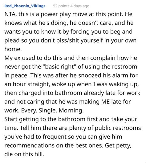 Guy Calls Wife A Jerk For Trying To Control His Bathroom Time The