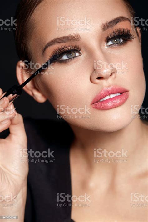 Beautiful Girl With Beauty Face Makeup And Long Black Eyelashes Stock