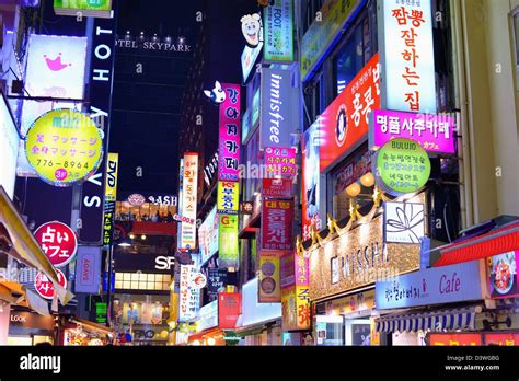 neon signs  myeong dong district  seoul south korea stock photo