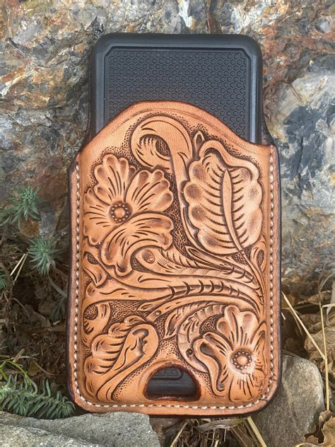 leather hand tooled cell phone case western floral etsy tooled