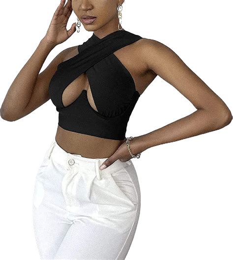 crisscross halter neck cutout top sheer cup detail strappy tie backless