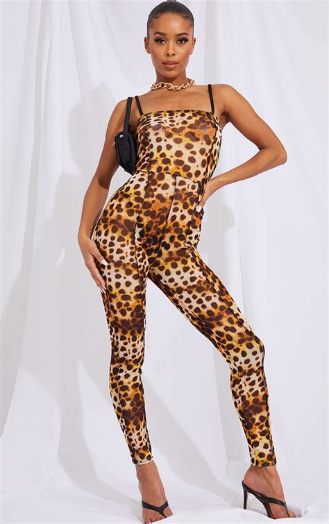 tan leopard print seam detail strappy mesh jumpsuit prettylittlething
