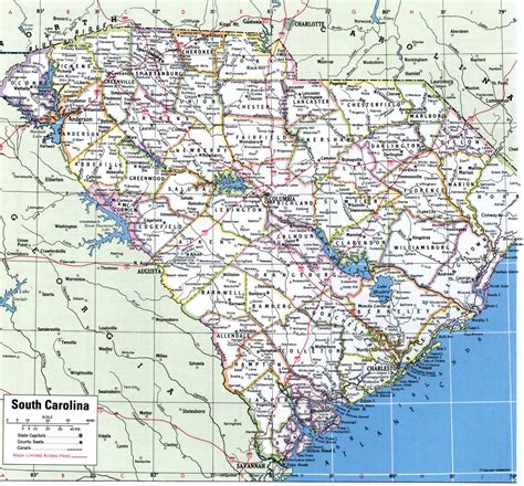 map  south carolina showing county  cities counties road highways