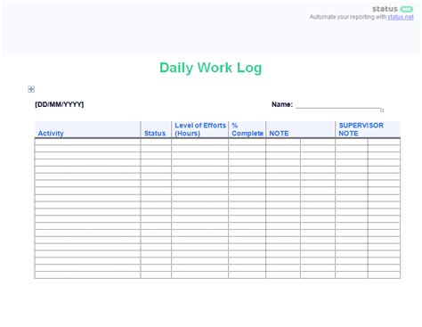 weekly work log printable