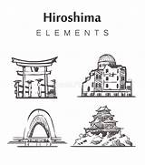 Hiroshima Peace Memorial Drawing Sketch Illustration Vector Park Landmark Japan Vintage Style Post Isolated Abstract Color Ribbons Symbolic Origami Flying sketch template