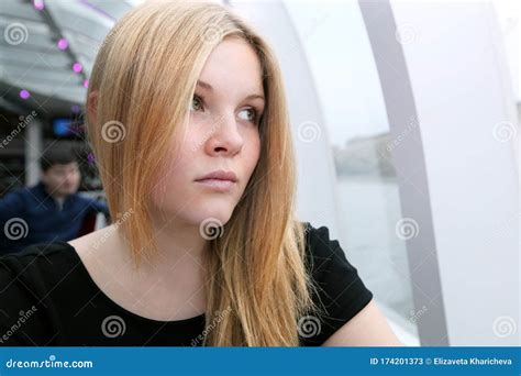 the blonde girl looks sadly to the side russian beautiful stock image