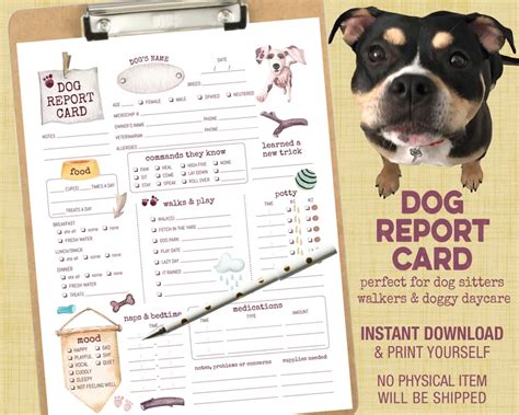dog report card form uneditable instant  digital file dog