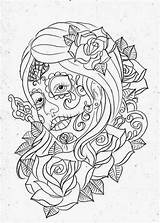 Dead Tattoo Stencil Face Girl Roses Stencils Printable Print Size Click sketch template