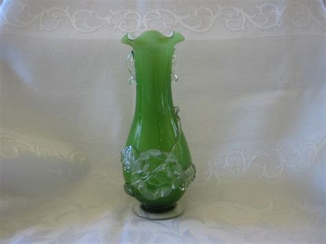 Vintage Green Art Glass Vase With Applied Decoration From