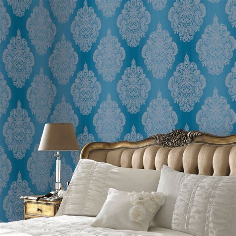 cote couture teal damask wallpaper  laurence llewlyn bowen   bedroom design damask