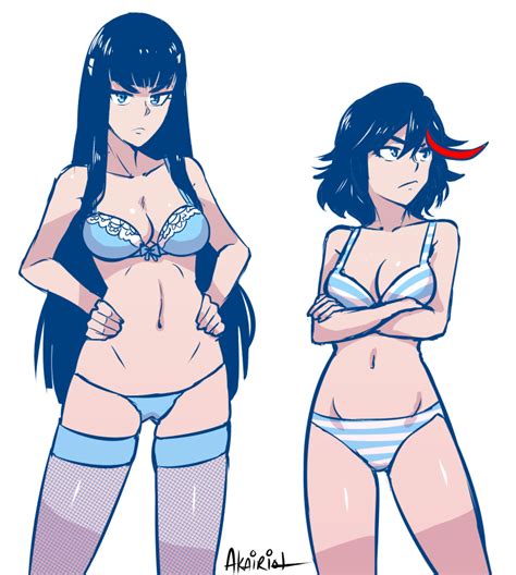 rule 34 2girls akairiot black hair blue eyes bra cleavage female highlights kill la kill