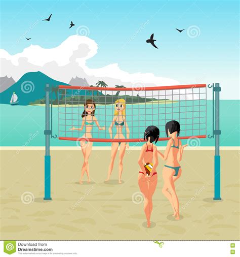 Quattro Ragazze Che Giocano Pallavolo Sulla Spiaggia