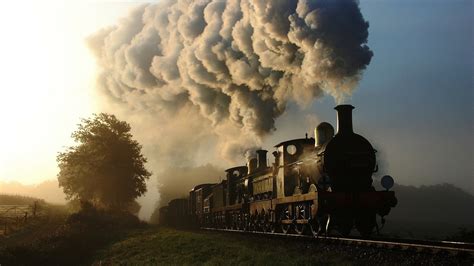 train railway steam locomotive smoke trees hd