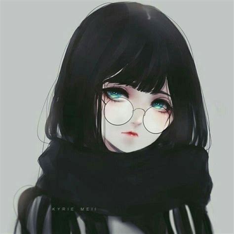 cute anime girl with black hair and glasses