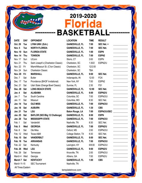 Printable 2019 2020 Florida Gators Basketball Schedule