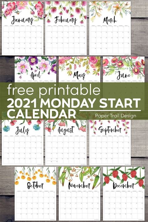 Free Printable 2021 Floral Calendar Monday Start Paper Trail Design
