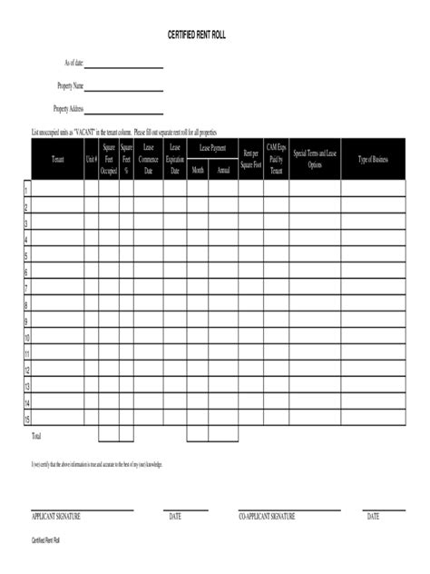 rent roll form   templates   word excel