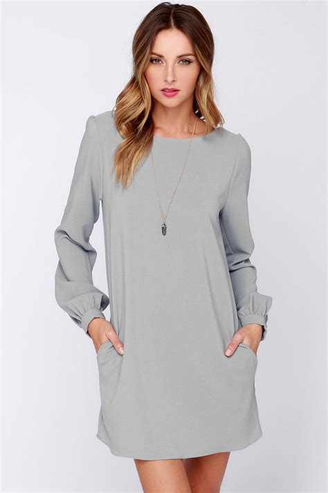 Cute Grey Dress Shift Dress Long Sleeve Dress 38 00