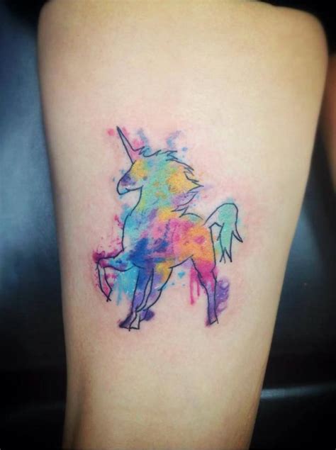 unicorn watercolor tattoo on thigh unicorn tattoo