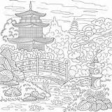 Pagoda Japanese Drawing Chinese Landscape Coloring Temple Oriental Japan Tower Stylized Zentangle Getdrawings Sketch Drawings Vector Trees Line sketch template