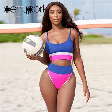 berrypark patchwork high waist bikini set beachwear   summer women beach volleyball sport