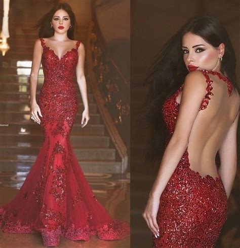 Bling Bling Long Mermaid Sexy Backless Red Prom Dress Mermaid Formal