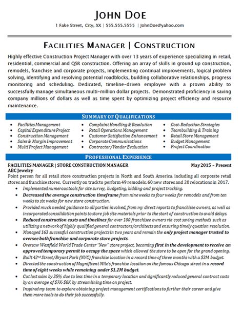 facilities manager resume  construction projects
