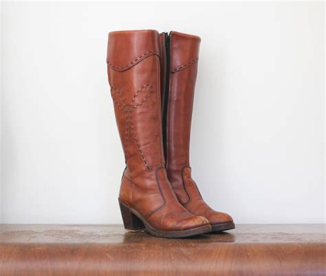 womens brown leather knee high fashion boots  heels vintage zip