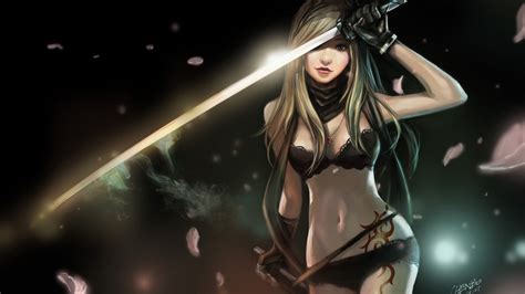 Wallpaper Women Blonde Anime Girls Blue Eyes Tattoo Katana