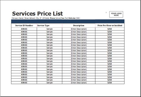 services price list templates  ms excel excel templates